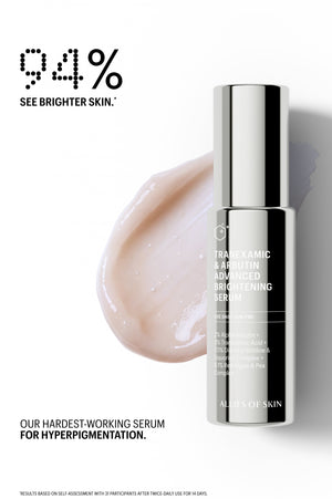 Brightening Serum bottle with texture swatch, 94% saw brighter skin