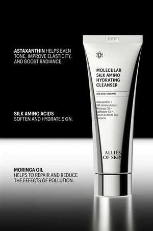 Cleanser tube with astaxanthin, silk amino acid, and moringa oil callouts