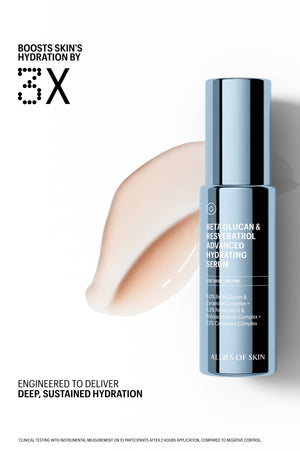 Beta Glucan Serum boosts skin hydration 3x, bottle shown