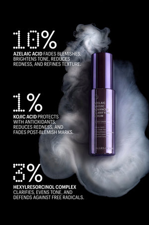 Azelaic & Kojic Serum ingredient callouts against smoke backdrop