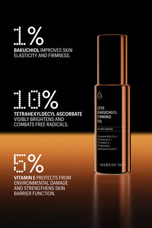 Bottle with stats: 1% bakuchiol, 1.8% vitamin C ester, 5% vitamin E