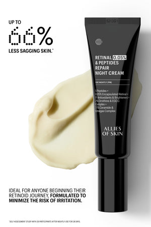 Retinal 0.05% & Peptides Repair Night Cream tube with cream texture