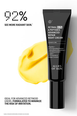 Night cream tube beside its yellow texture; 92% saw more radiant skin