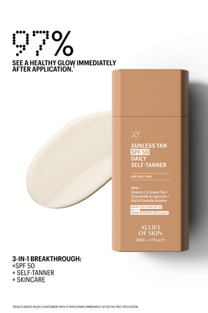 97% saw a healthy glow: Sunless Tan SPF 50 bottle and texture swipe