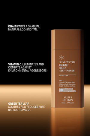 Sunless Tan SPF 50 bottle with DHA, vitamin C and green tea callouts