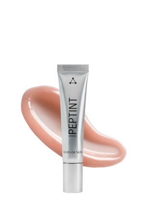 Peptint lip treatment tube beside its tinted texture swipe